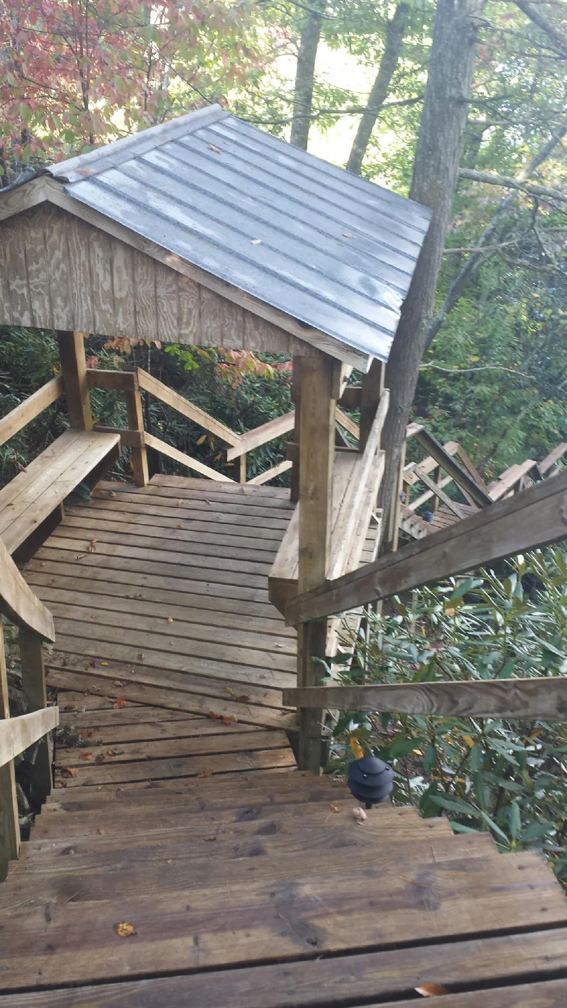 Metal roofed shelter over wooden steps on a wooded walkway — Skylight Repair & Installation work by our crew in Newman